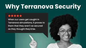 Why Terranova Security in white font with woman pointing to user review
